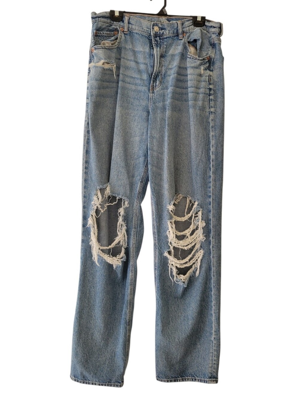 American Eagle Highest Rise Baggy Straight Distressed Blue Denim Jeans 16 Long